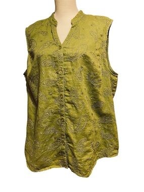 Autograph Womens Linen Paisley Embroidery Button Down Sleeveless Shirt Size 3X